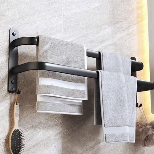 Porte-serviettes Pour Salle De Bain, Cuisine Aluminium 2 Étagères Avec Crochet - 40 Cm Noir