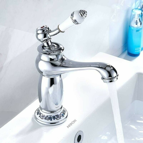 Robinet De Lavabo En Laiton Céramique Porcelaine Noire Et Blanche Col Long Rétro Floral Apporte