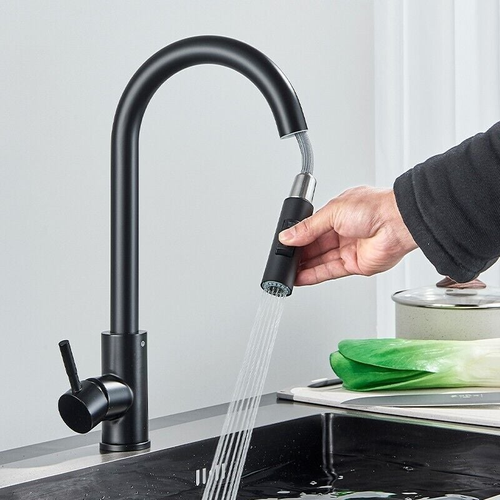 Robinet De Cuisine Noir Avec Douchette Rétractable, Robinet à Ressort Pivotant à 360°