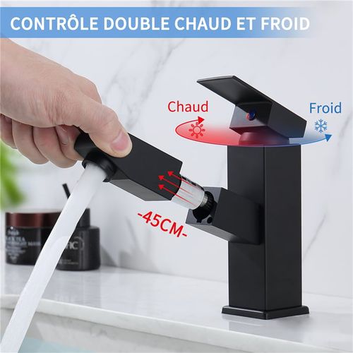 Mitigeur De Lavabo Noir Avec Douchette Extractible Robinet Salle Bain à Levier Mélangeur Monoco