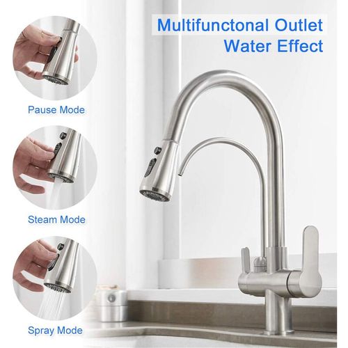 Robinet Cuisine Extensible 3 Voies Double Poignée Mitigeur Cuisine Rotatif à 360° Froid Chaud