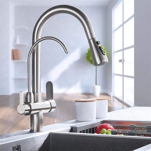 Robinet Cuisine Extensible 3 Voies Double Poignée Mitigeur Cuisine Rotatif à 360° Froid Chaud