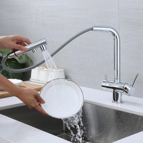 Robinet De Cuisine à Trois Voies Avec Douchette Extractible, Robinet De Cuisine Pivotant à 360°
