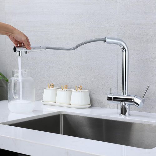 Robinet De Cuisine à Trois Voies Avec Douchette Extractible, Robinet De Cuisine Pivotant à 360°