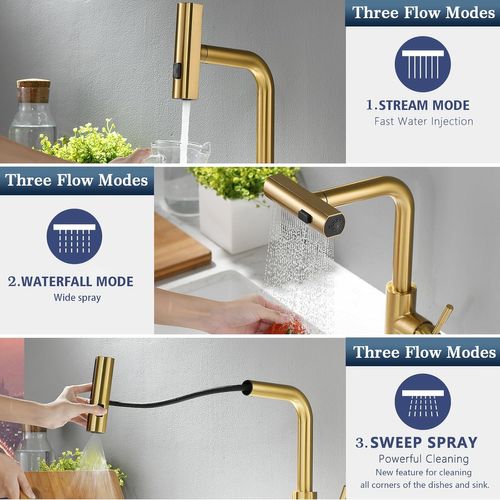 Robinet De Cuisine Pivotant à 360° Et Extractible - Or Brossé