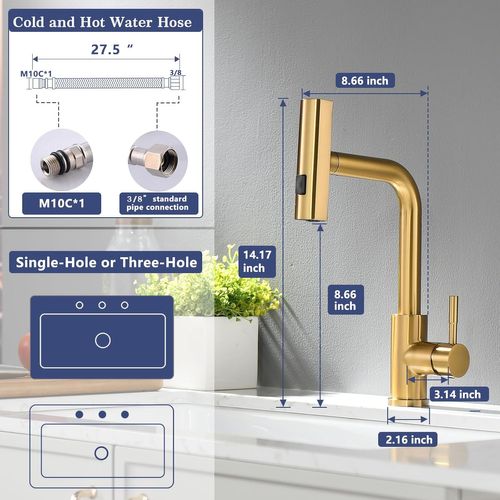 Robinet De Cuisine Pivotant à 360° Et Extractible - Or Brossé