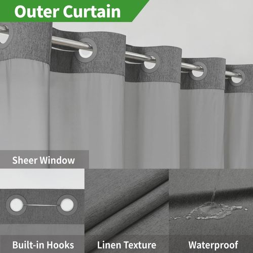 Rideau De Douche Gris Texturé En Lin Avec Filet, Imperméable, 180 × 214 Cm