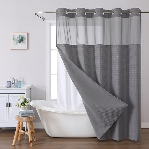 Rideau De Douche Gris Texturé En Lin Avec Filet, Imperméable, 137 × 203 Cm