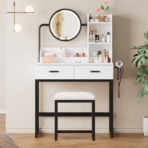 Coiffeuse Moderne Avec Éclairage LED, Miroir Pivotant Et Prises Électriques Blanc