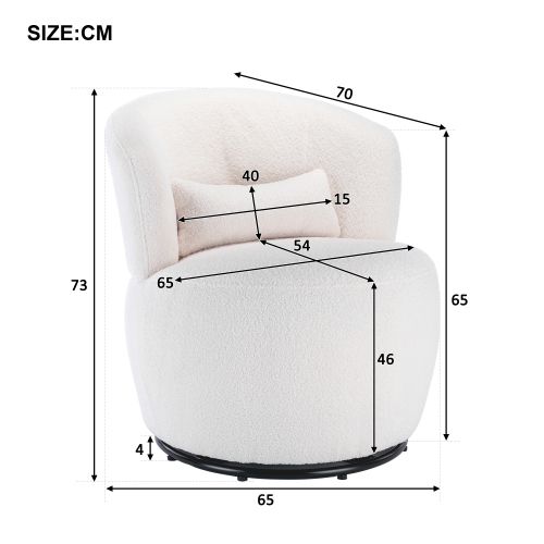 Fauteuil Tournant En Peluche Teddy Blanc, Avec Coussin Lombaire Et Base Métallique Pivotante