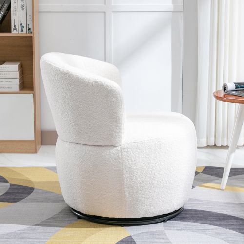 Fauteuil Tournant En Peluche Teddy Blanc, Avec Coussin Lombaire Et Base Métallique Pivotante