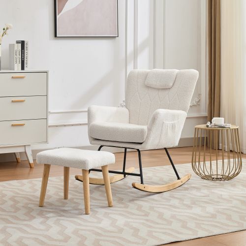 Rocking-Chair Rembourrée Avec Repose-pieds, Avec Cadre En Bois D'hévéa, Blanc