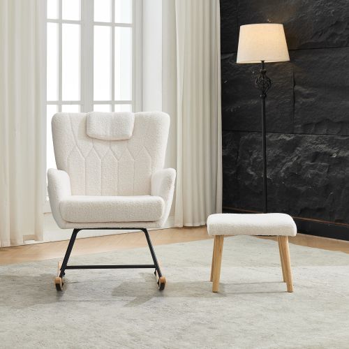 Rocking-Chair Rembourrée Avec Repose-pieds, Avec Cadre En Bois D'hévéa, Blanc