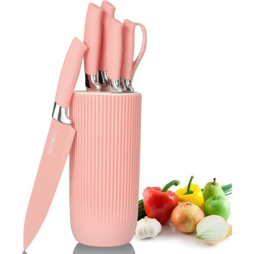 Ensemble De Couteaux 5 Pièces Avec Ciseaux Et Support Rose  Rlnc07p
