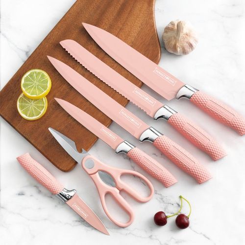 Ensemble De Couteaux 5 Pièces Avec Ciseaux Et Support Rose  Rlnc07p