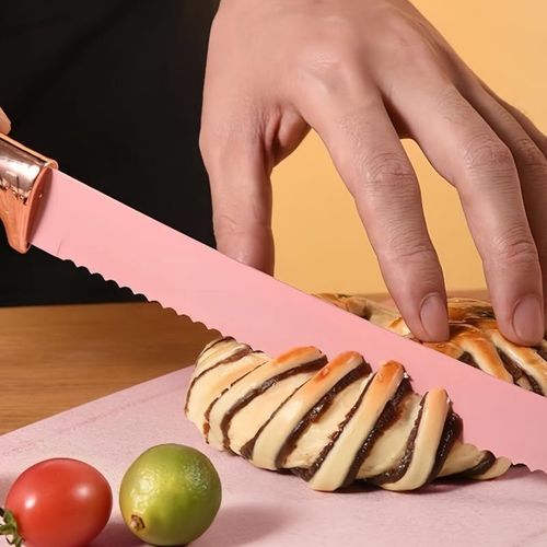 Ensemble De Couteaux 5 Pièces Avec Ciseaux Et Support Rose  Rlnc07p