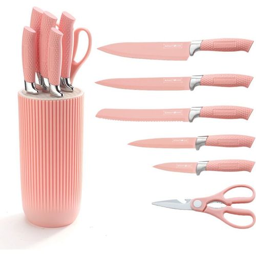 Ensemble De Couteaux 5 Pièces Avec Ciseaux Et Support Rose  Rlnc07p