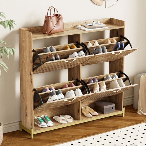 Armoire à Chaussures Pliante Moderne à 4 Portes Avec Pieds En Métal Et Poignées En Filigrane