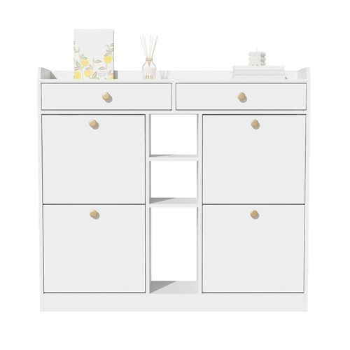 Meuble à Chaussures Élégant Avec 4 Portes Battantes, 2 Tiroirs, 3 Compartiments Ouverts, Blanc