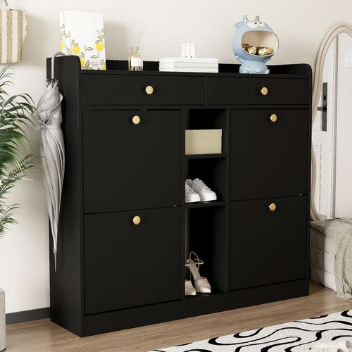 Meuble à Chaussures Élégant Avec 4 Portes Battantes, 2 Tiroirs, 3 Compartiments Ouverts, Noir