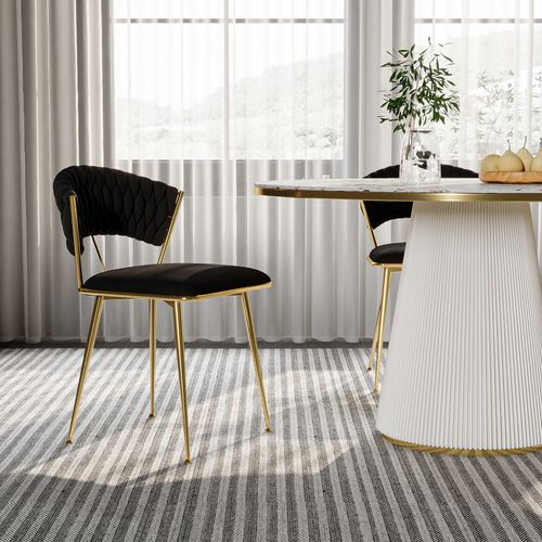 Lot De 2 Chaises De Salle à Manger En Velours  Noir Avec Dossier Rond Tressé Et Pieds Dorés