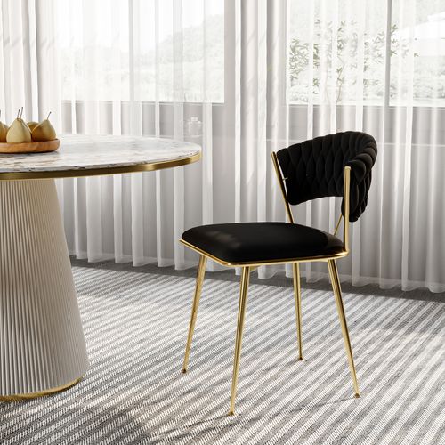 Lot De 2 Chaises De Salle à Manger En Velours  Noir Avec Dossier Rond Tressé Et Pieds Dorés