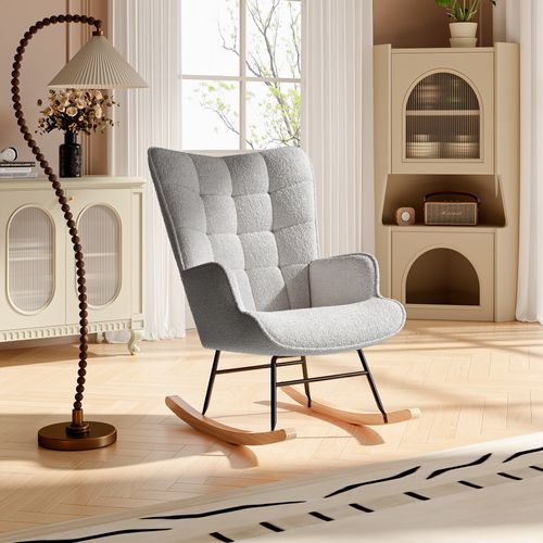 Fauteuil à Bascule En Peluche Teddy, Fauteuil De Lecture Rembourré, Dossier à Carreaux, Gris Clair