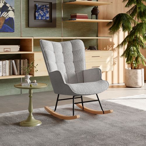 Fauteuil à Bascule En Peluche Teddy, Fauteuil De Lecture Rembourré, Dossier à Carreaux, Gris Clair