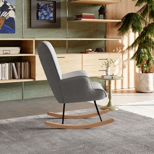 Fauteuil à Bascule En Peluche Teddy, Fauteuil De Lecture Rembourré, Dossier à Carreaux, Gris Clair