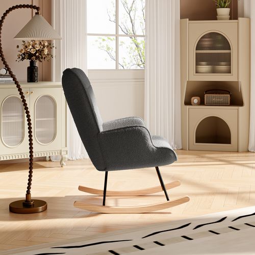 Fauteuil à Bascule En Peluche Teddy, Fauteuil De Lecture Rembourré, Dossier à Carreaux, Gris Foncé