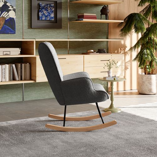 Fauteuil à Bascule En Peluche Teddy, Fauteuil De Lecture Rembourré, Dossier à Carreaux, Gris Foncé