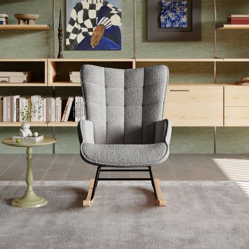 Fauteuil à Bascule En Peluche Teddy, Fauteuil De Lecture Rembourré, Dossier à Carreaux, Gris Foncé