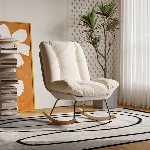 Fauteuil à Bascule Ergonomique, Avec Coussin Beige Et Structure Grise, En Tissu Lin Et Simili Cuir