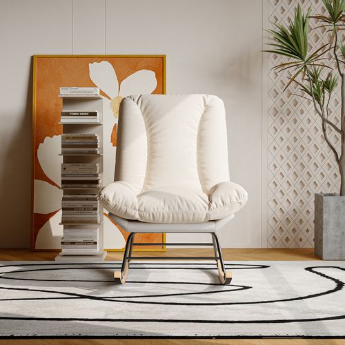 Fauteuil à Bascule Ergonomique, Avec Coussin Beige Et Structure Grise, En Tissu Lin Et Simili Cuir