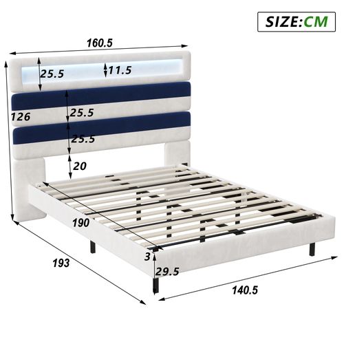 Lit rembourré 140x190cm avec éclairage LED et ports USB, tête de lit réglable, blanc