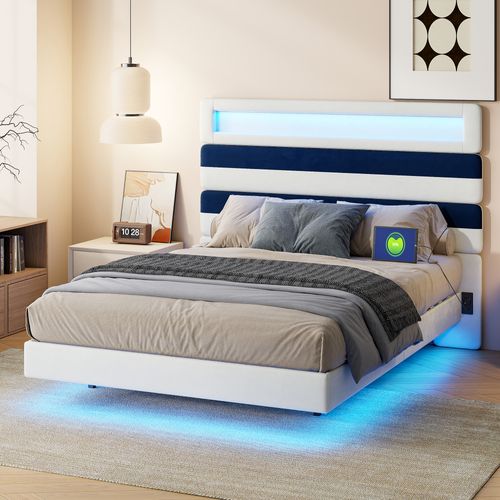 Lit rembourré 140x190cm avec éclairage LED et ports USB, tête de lit réglable, blanc