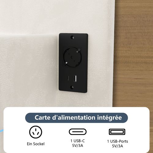 Lit rembourré 140x190cm avec éclairage LED et ports USB, tête de lit réglable, blanc