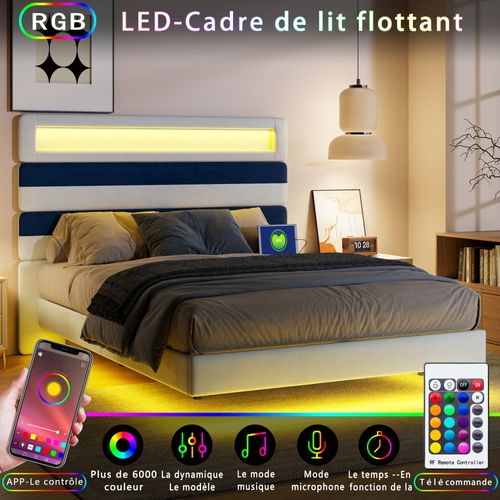 Lit rembourré 140x190cm avec éclairage LED et ports USB, tête de lit réglable, blanc