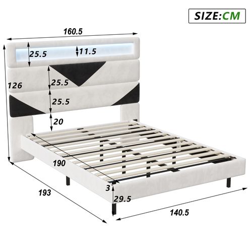 Lit 140 X 190 Cm Avec LED,  Lit Double Avec Sommier à Lattes En Bois Massif,  Velours,  Blanc