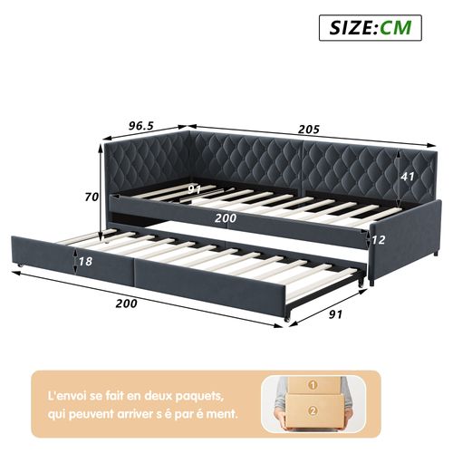 Canapé Lit Convertible 90/180 X 200 Cm, Canape Lit 2 Places Gigogne Bed Avec Sommier à Lattes, Gris