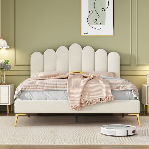 Lit Double Rembourré 140 X 200 Cm Avec Tête De Lit Et Sommier à Lattes, Pour Adulte, Velours, Beige