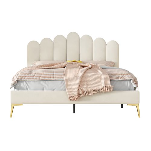 Lit Double Rembourré 140 X 200 Cm Avec Tête De Lit Et Sommier à Lattes, Pour Adulte, Velours, Beige