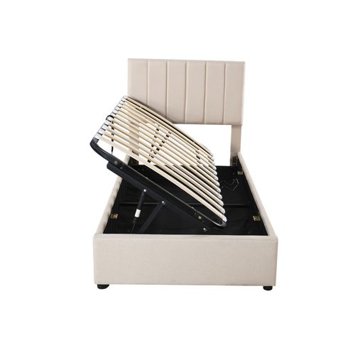 Lit Pour Enfant Rembourré, 90 X 200 Cm, Coffre De Rangement Hydraulique, En Lin, Beige