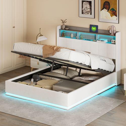 Canapé-Lit Avec Rangement Hydraulique, Veilleuse, Ports USB/Type-C - Velours Doux, 140x200 Cm, Gris Foncé - Sommier à Lattes