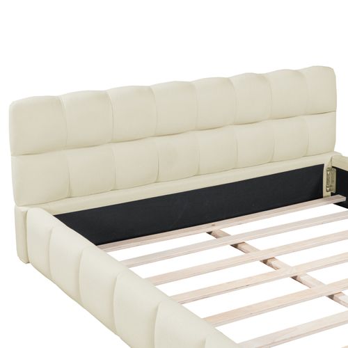Lit Double Rembourré, à Bulles, 160 X 190 Cm, Avec Sommier à Lattes Et Dossier Souple, Lin, Beige