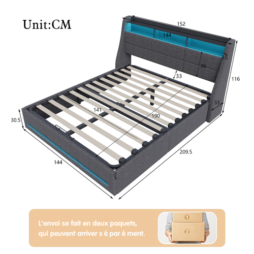 Lit 140x190 Avec Sommier LED Et Charge USB, Avec 4 Tiroirs Et Tête De Lit De Rangement, Lin, Gris
