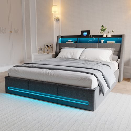 Lit 140x190 Avec Sommier LED Et Charge USB, Avec 4 Tiroirs Et Tête De Lit De Rangement, Lin, Gris