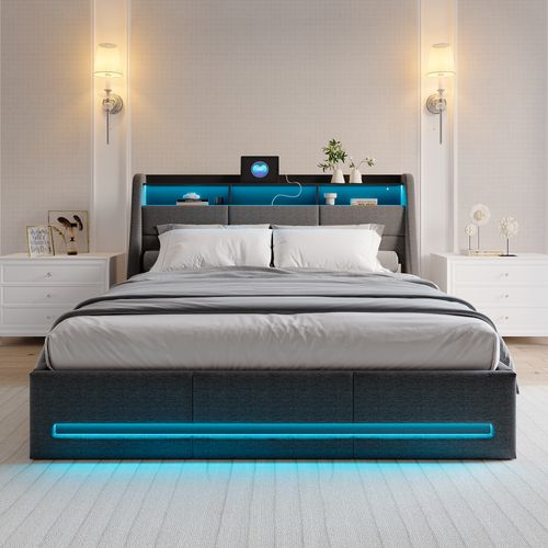 Lit 140x190 Avec Sommier LED Et Charge USB, Avec 4 Tiroirs Et Tête De Lit De Rangement, Lin, Gris