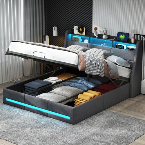 Lit 140x190 Avec Sommier LED Et Charge USB, Avec 4 Tiroirs Et Tête De Lit De Rangement, Lin, Gris