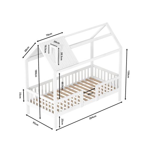 Lit Cabane De 90 X 200 Cm, Pour Enfant Avec Rail De Protection, Cadre à Lattes En Pin Massif, Blanc